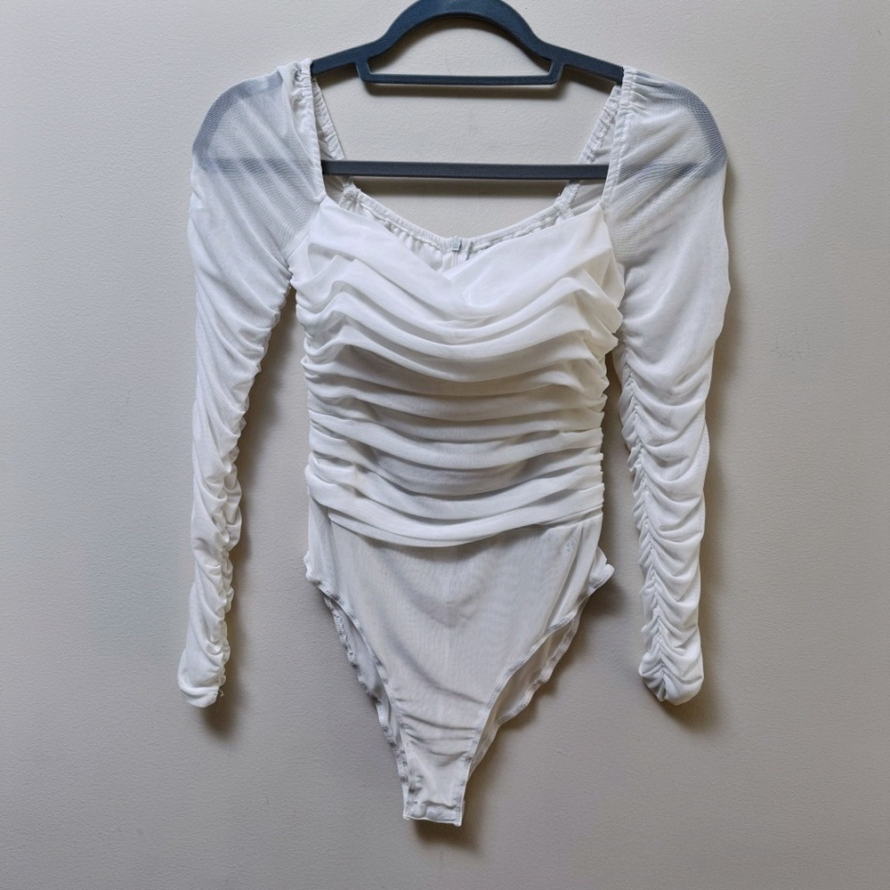White Ruched Long Sleeve Bodysuit
